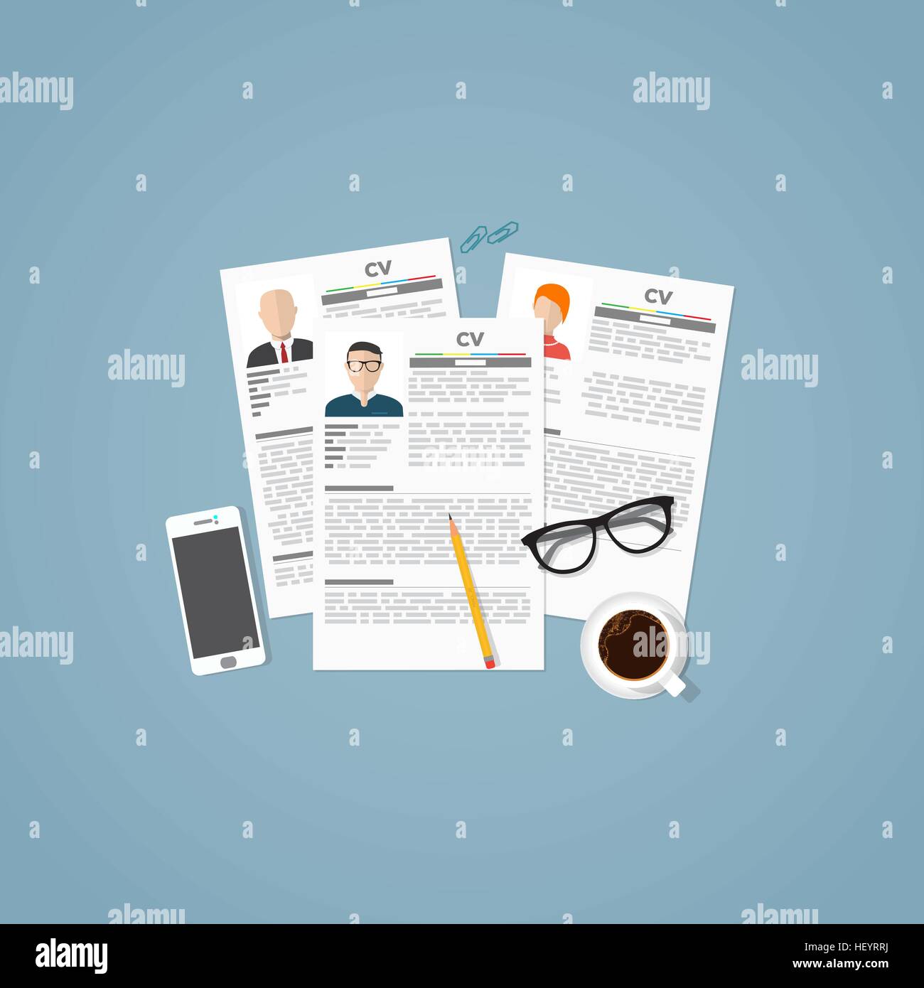 Curriculum vitae job papers with personal info and picture. Job business interview concept with candidats resume and objects. Stock Vector