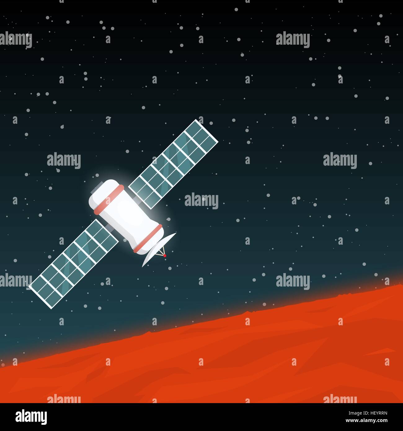 Space probe flying in space near red planet like Mars, with solar panels and satellite antenna, glowing in the dark. Stock Vector