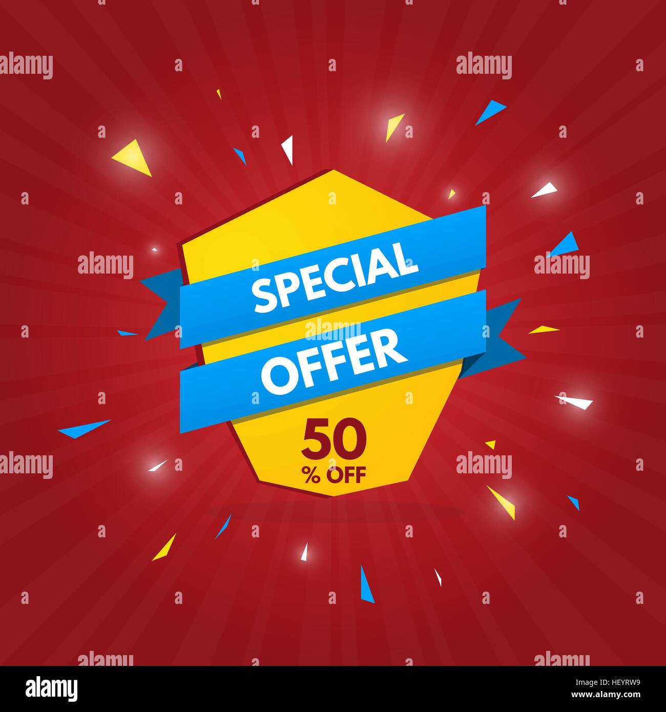 Special offer paper blue ribbon and yellow shield, glowing shards flying from bang. Sale banner concept. Stock Vector