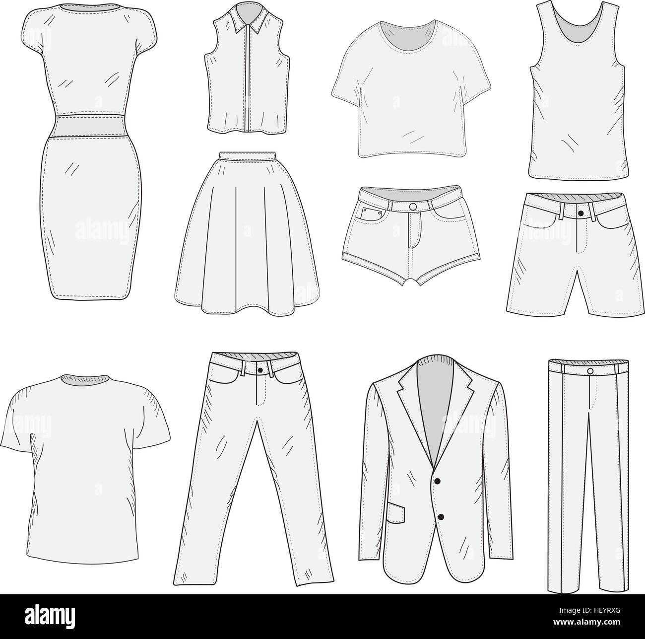 Men's and Women's Clothing set sketch. Clothes, hand-drawing, doodle style. Clothes vector illustration. Stock Vector