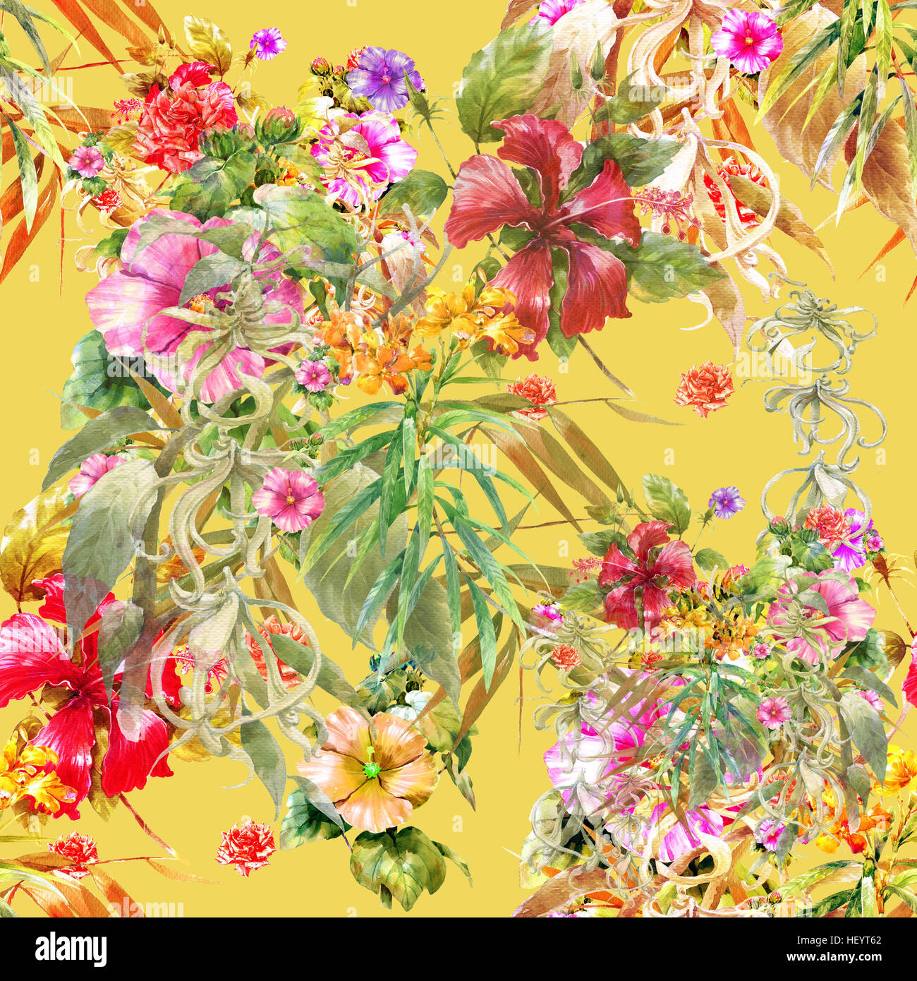 Watercolor painting of leaf and flowers, seamless pattern on Yellow ...
