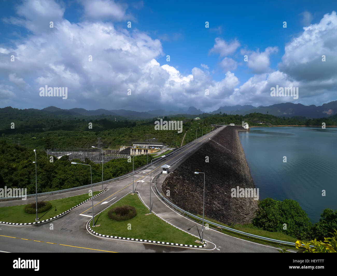 Road on Ratchaprapha Dam or Khao Sok Dam is in Surat Thani Province, Thailand Stock Photo