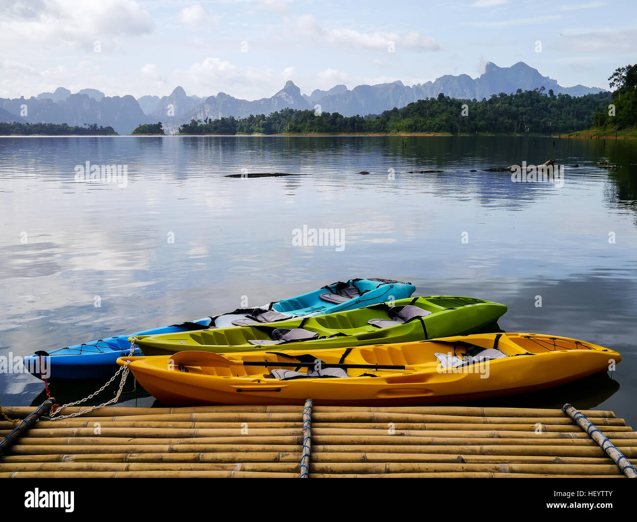 Kayak at Raft in Ratchaprapha Dam or Khao Sok is in Surat Thani Province, Thailand Stock Photo