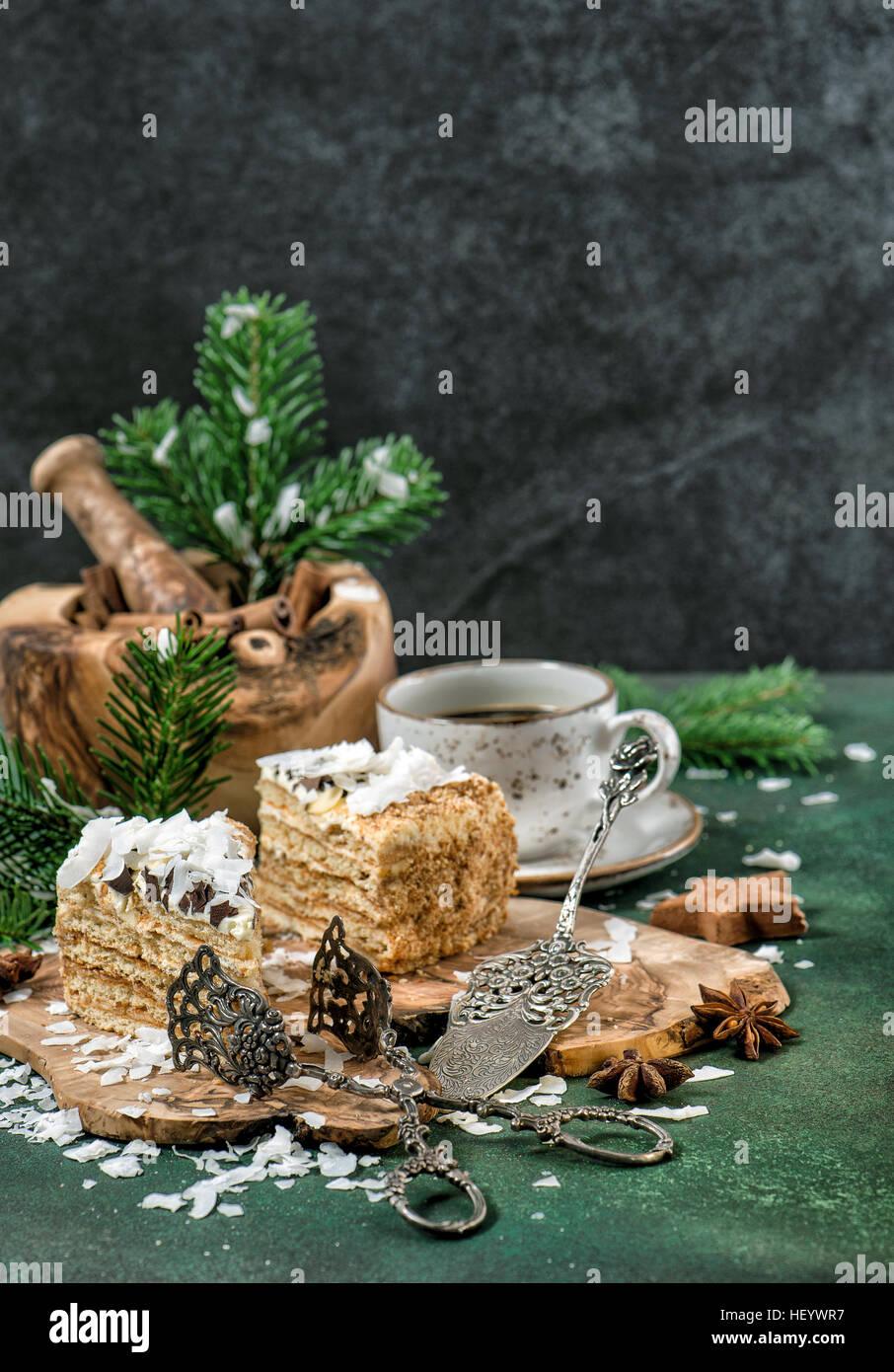 Honey cake with spices and Christmas decoration. Festive sweet food. Vintage style toned picture Stock Photo