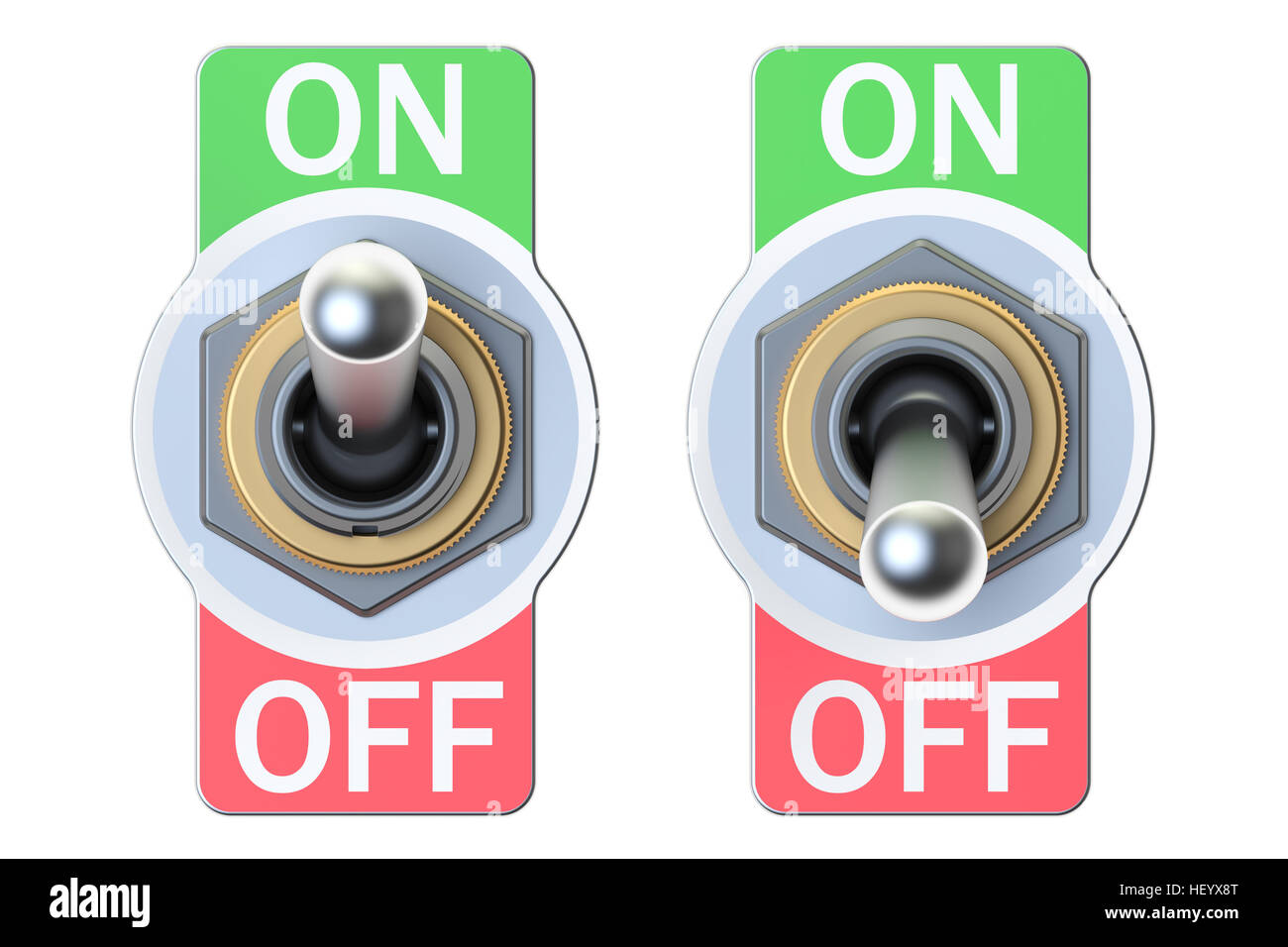 two switches on and off, 3D rendering isolated on white background ...