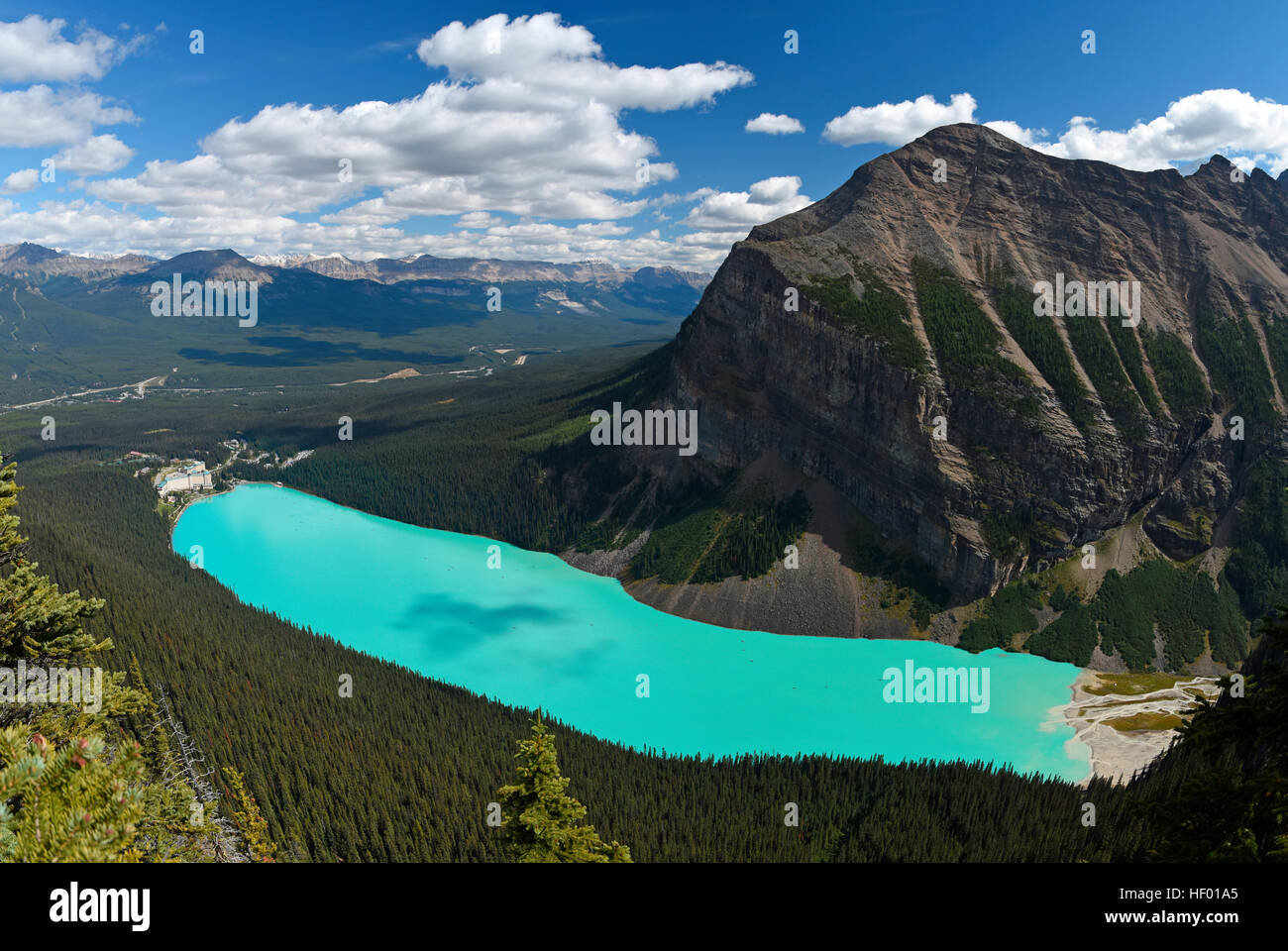 Turquoise Lake Louise with Mount Fairview, view from Icefield Parkway, Banff National Park, Rocky Mountains, Alberta, Canada Stock Photo