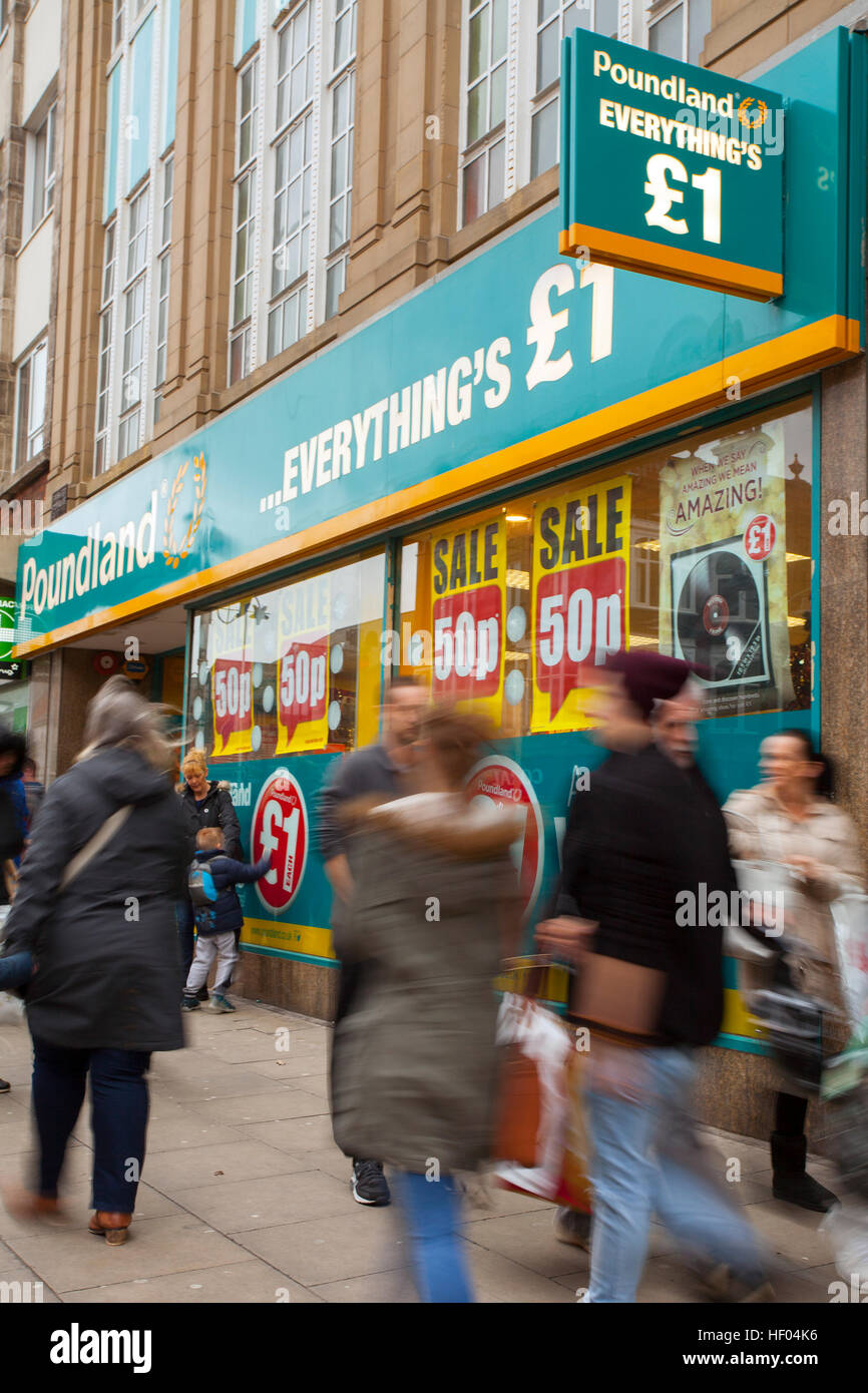 Poundland, Southport, Merseyside, UK. 24th December, 2016. Pre Boxing Day Sales.   Stores in the town are now displaying tentative sale signs and some plan early closing as they prepare for a Sales Bonanza in the next 48 hours. Last minute shoppers are taking advantage of discounts of up to 50% on selected goods. Credit: MediaWorldImages/Alamy Live News Stock Photo