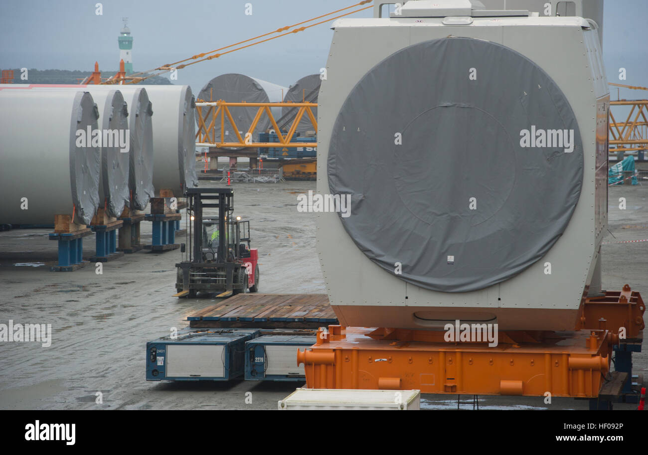Components for the Wikinger offshore wind farm are prepared for transport at Sassnitz-Mukran port near Sassnitz, Germany, 19 December 2016. According to company Iberdrola Renovables Offshore Deutschland GmbH, the installation of the first turbines in the Baltic Sea is planned for early 2017. The wind farm's 70 wind turbines, 35 kilometres of the island of Ruegen, are to have a capacity of 350 megawatt and are to go on stream at the end of 2017. Photo: Stefan Sauer/dpa-Zentralbild/dpa Stock Photo