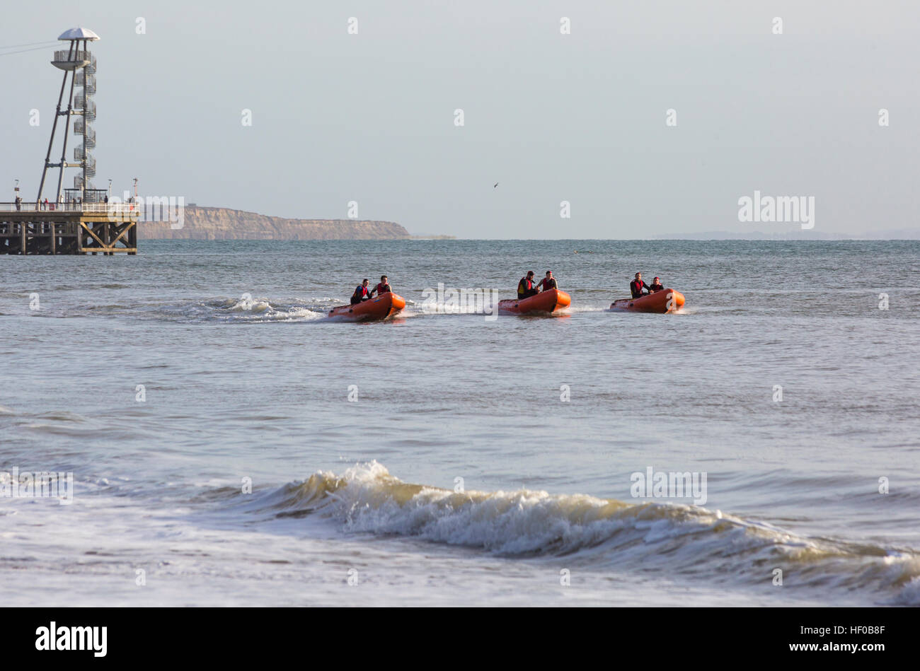 Durley Chine, Bournemouth, Dorset, UK. 26 December 2016. Bournemouth Lifeguard Corps give a demonstration of their lifesaving skills in the sea. The Corps, founded in 1965, is one of the largest and most successful volunteer lifeguard clubs in the UK with more than 100 members aged from 7 to 70. Credit: Carolyn Jenkins/Alamy Live News Stock Photo