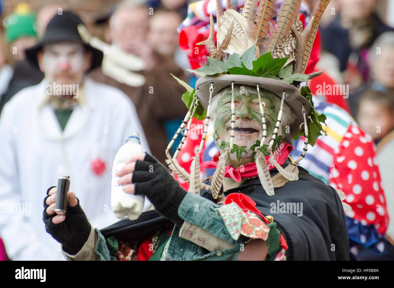 Wantage, UK. 26 Dec 2016. The character of Jack Vinney played in a traditional Mummers Folk Play performed annually on Boxing Day in Wantage Market Place. Stock Photo