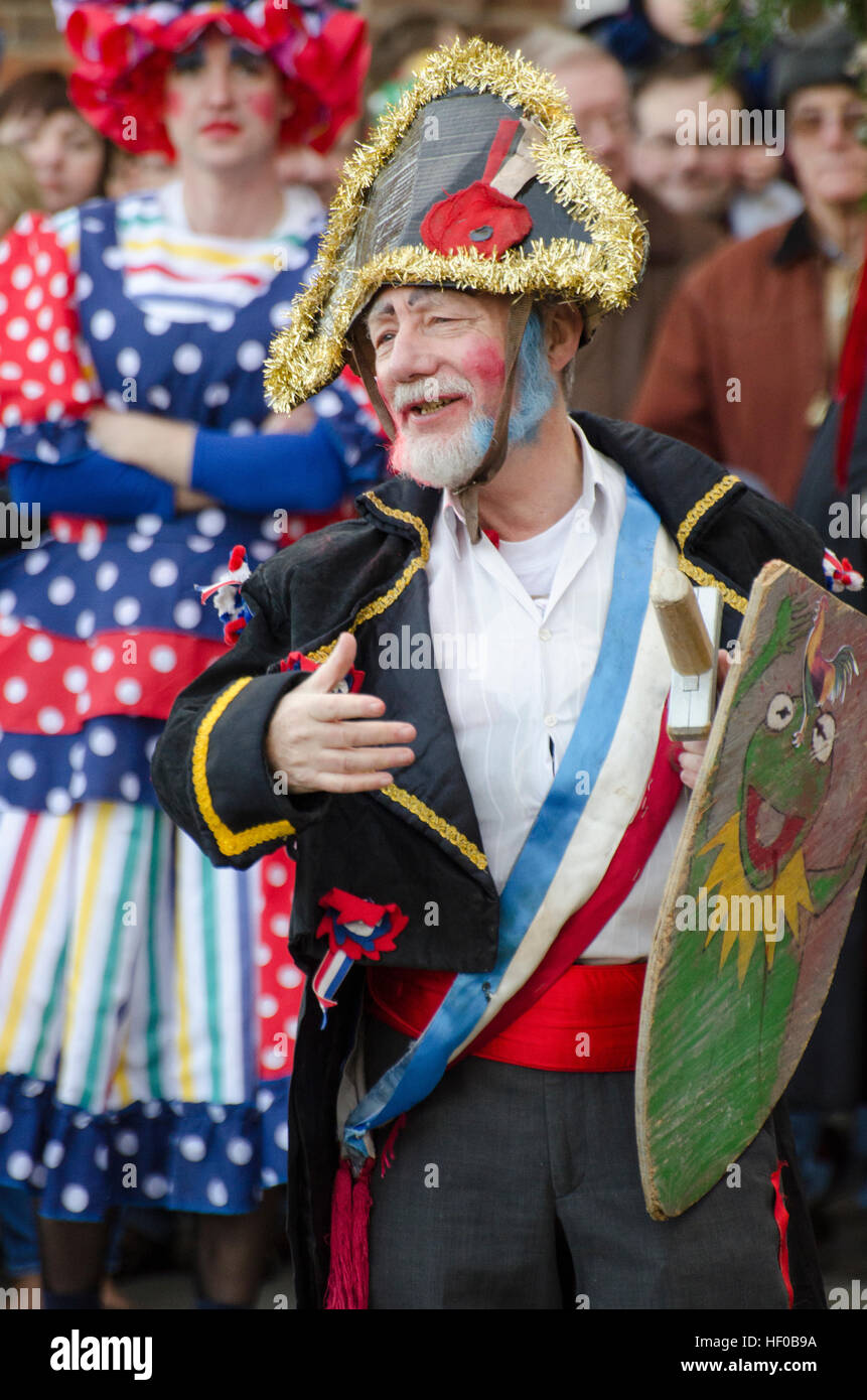 Wantage, UK. 26 Dec 2016. The character of Beau Slasher, a Napoleonic officer, played in a traditional Mummers Folk Play performed annually on Boxing Day in Wantage Market Place. Stock Photo