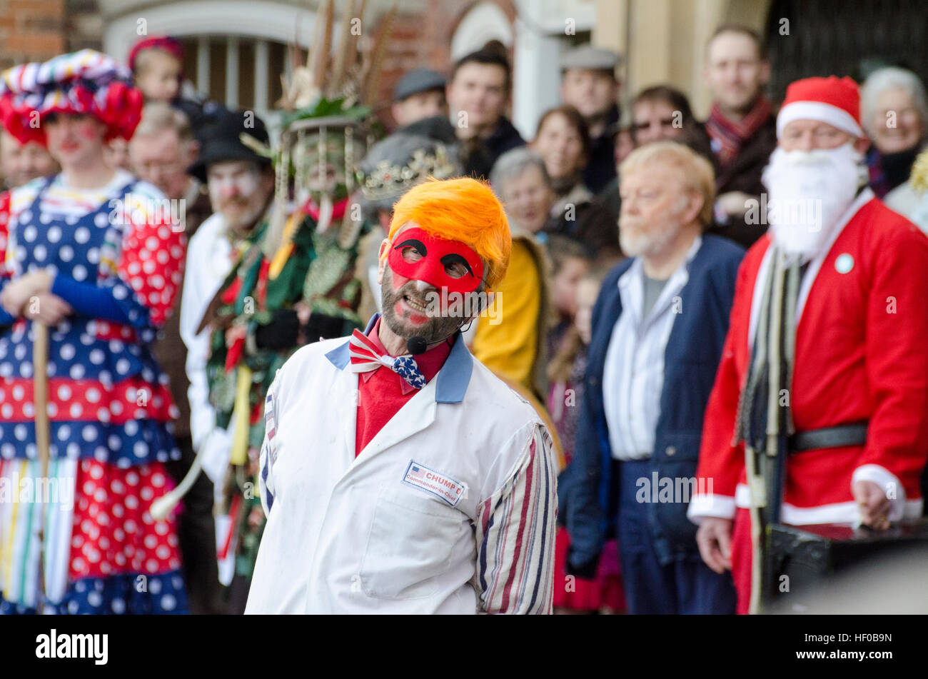 Wantage, UK. 26 Dec 2016. The character of Old Father Beezlebub (this year styled as Donald Trump) played in a traditional Mummers Folk Play performed annually on Boxing Day in Wantage Market Place. Stock Photo