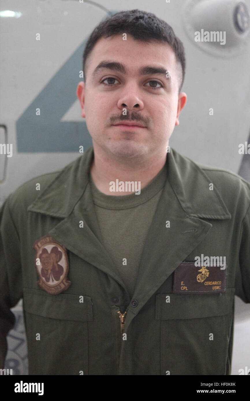 Cpl. Emilio Cerdarico is a CH-53D Sea Stallion mechanic with Marine Heavy Helicopter Squadron 363. Cerdarico, a native of San Antonio, Texas, said he joined the military to serve his country and travel the world. HMH-363 Marines 111003-M-UB212-007 Stock Photo