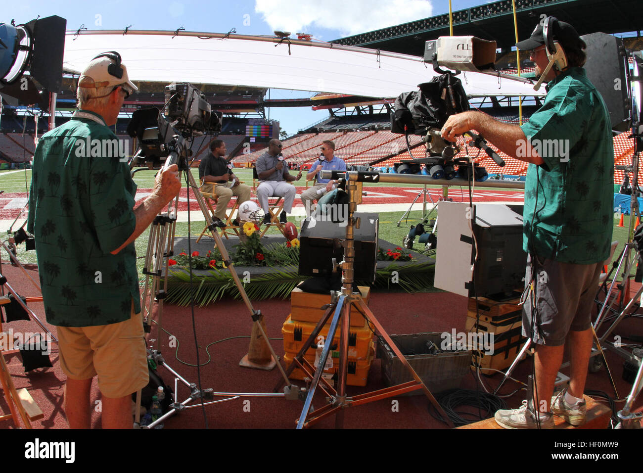 NBC films pregame interviews at the Aloha Stadium during NFL’s 2012 Pro Bowl game in Honolulu, Hawaii, Jan. 29, 2012. Pro Bowl 2012 120129-M-DX861-007 Stock Photo