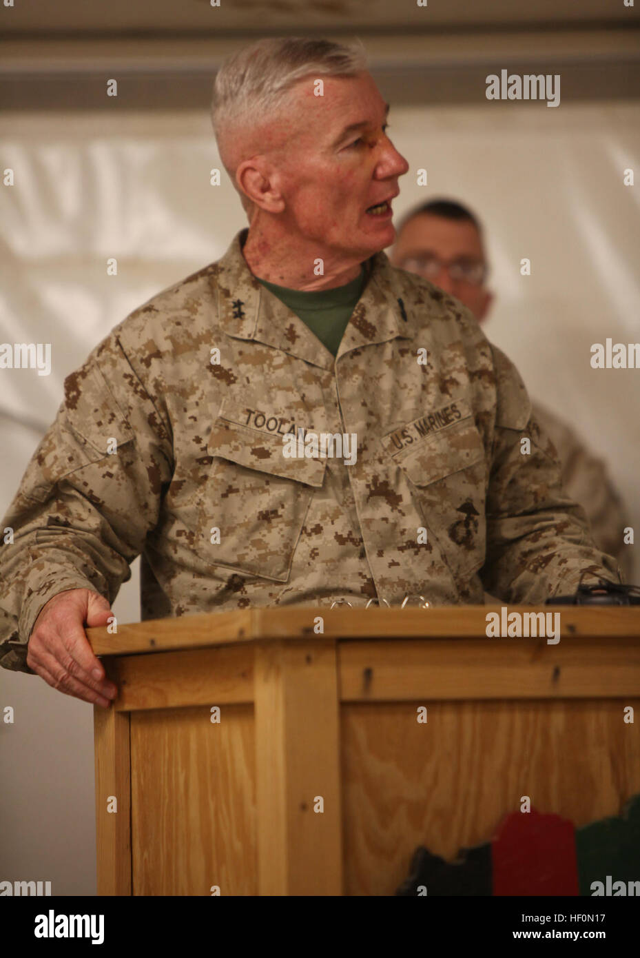 Maj. Gen. John A. Toolan, commanding general Regional Command Southwest and II Marine Expeditionary Force (Forward), addresses the students of the Explosives Hazard Reduction Course during his speech at the graduation ceremony, Feb. 2, at the Joint Sustainment Academy Southwest.  The course is one of many offered by U.S. and coalition forces at the academy, which teaches everything from literacy to tactical leadership. Explosive Hazard Reduction Course graduates at Helmand academy 120202-M-GF563-036 Stock Photo
