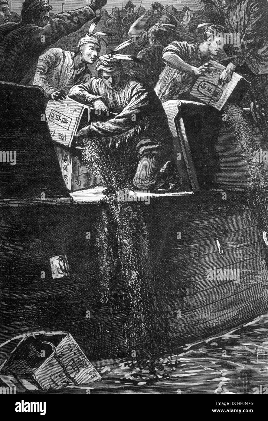 BOSTON TEA PARTY 16 December 1773. Demonstrators tipping chest of tea from East India Company ships into Boston harbour in a 19th century engraving Stock Photo