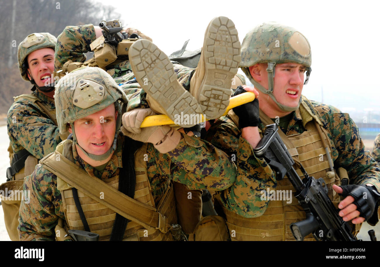 Marines assigned to Fleet Antiterrorism Security Team Company Pacific, 2nd Platoon, carry a casualty on a stretcher while conducting tactical movement training. More than 50 Marines assigned to 2nd Platoon are training at Camp Rodriguez Live Fire Complex as part of FAST Exercise 2012 to further sustain and improve weapons marksmanship. (U.S. Navy photo by Mass Communication Specialist 3rd Class James Norman) Flickr - DVIDSHUB - Tactical movement training (Image 2 of 3) Stock Photo