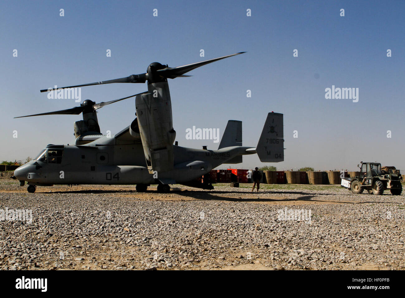 An MV-22 Osprey lowers its back door to allow a forklift to drop off cargo,  April 3. Corporal Patrick Wantuch, heavy equipment operator, Combat  Logistics Battalion 4, 1st Marine Logistics Group (Forward),