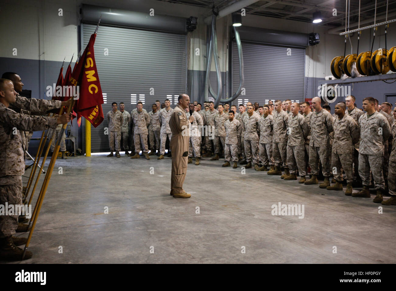 Col. Andrew G. Shorter, the Marine Air Group 14 Commanding Officer addresses Marine Wing Support Squadron 271 at their headquarters aboard Marine Corps Air Station Cherry Point Thursday, for the first time since the squadron changed hands. Marine Wing Support Group 27 relinquished command of MWSS-271 to MAG-14 April 1, 2012, as part of the 2010 Force Structure Review. Support squadron and aircraft group join forces to accomplish the Marine CorpsE28099 mission 120406-M-OT671-693 Stock Photo
