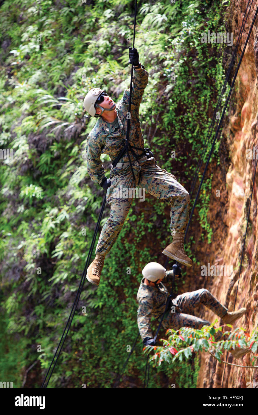 U.S. Marines perform rappelling and fast-rope maneuvers at the Jungle Warfare Training Center at Camp Gonsalves, Okinawa, July 25, 2012. The Marines are with Force Company, 3rd Reconnaissance Battalion, 3rd Marine Division, III Marine Expeditionary Force. (DoD photo by Lance Cpl. Matthew Manning, U.S. Marine Corps/Released) 120725-M-XK110-345 (7705400758) Stock Photo