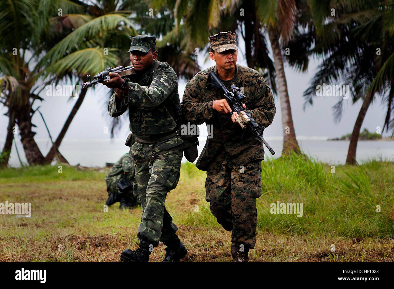 Maldivian marine corps Lance Cpl. Adam Haleem, left, a rifleman, and U.S. Marine Corps Sgt. Sergio Zacarias, a squad leader with Alpha Company, 1st Battalion, 4th Marine Regiment, run to their rally point during accountability training as part of exercise Coconut Grove 2012 in Gan, Maldives, Oct. 9, 2012. Coconut Grove is a bilateral exercise designed to increase interoperability and hone small-unit skills between the U.S. Marine Corps and the Maldivian Marine Corps. (DoD photo by Cpl. Isis Ramirez, U.S. Marine Corps/Released) 121009-M-UV915-184 (8090656758) Stock Photo