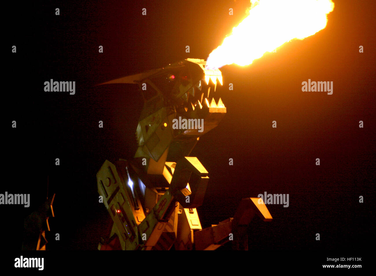 Robosaurus, the car crushing dinosaur robot, lights up the sky during