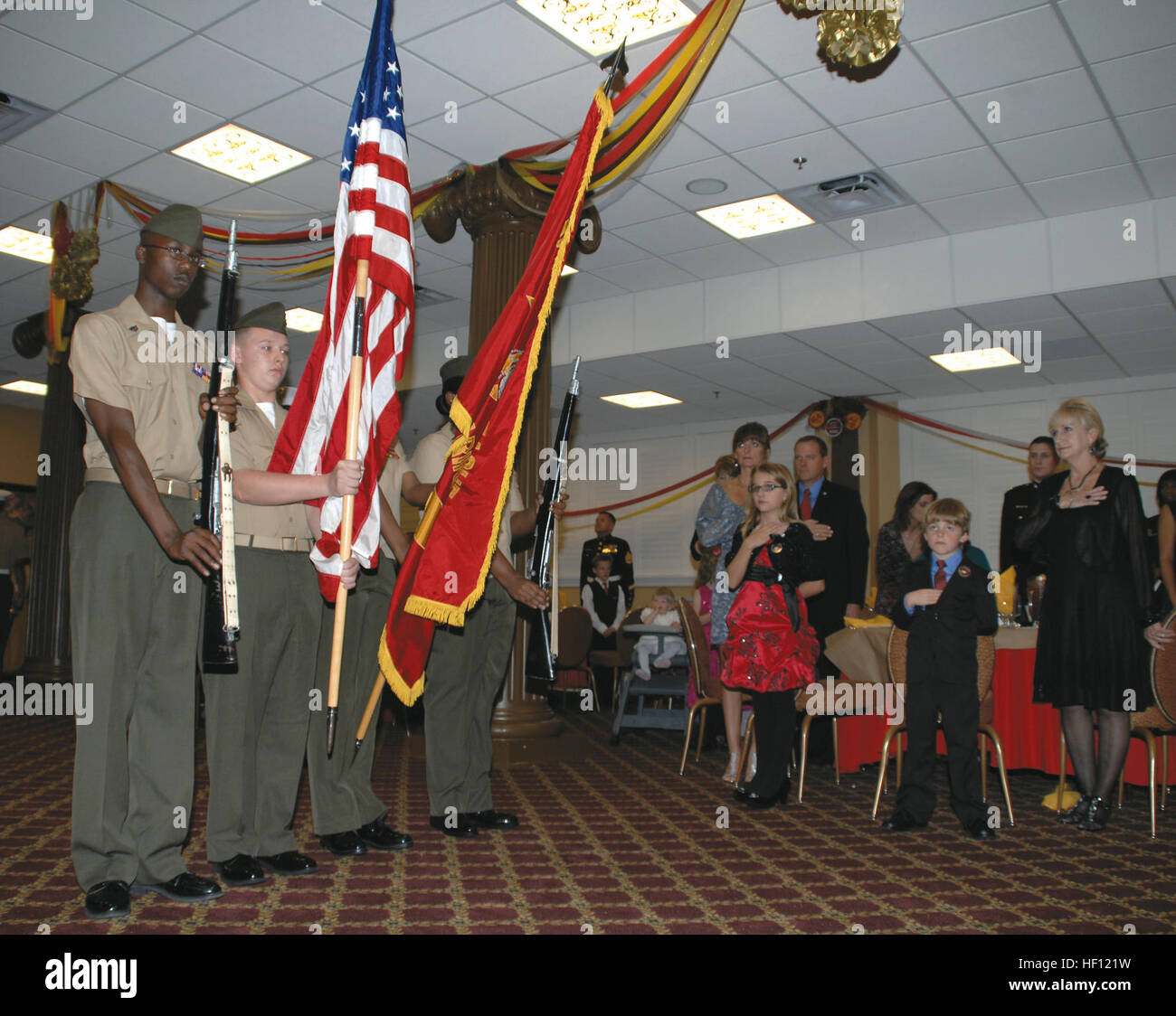 The Albany Young Marines present the colors at the Kids' Marine Corps Birthday Ball ceremony held at Marine Corps Logistics Base Albany, Nov. 3. The Albany Young Marines present the colors at the Kids' Marine Corps Birthday Ball ceremony Stock Photo