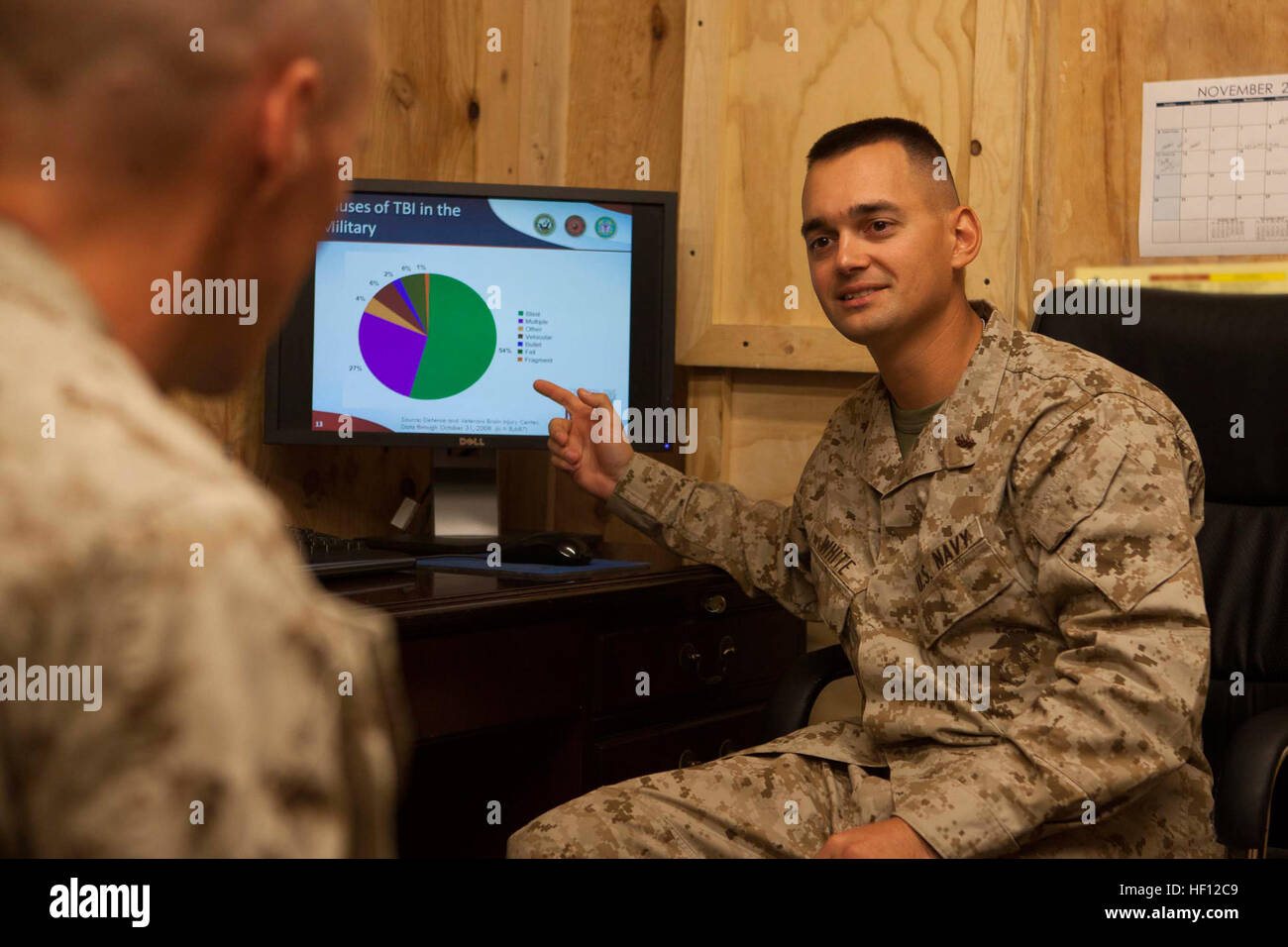 Navy Lt. Dennis White, a psychiatrist with the Regimental Combat Team 7 Observational Stress Control and Readiness Team, discusses a Traumatic Brain Injury pie chart with Petty Officer 3rd Class Allan Lee, a corpsman with the RCT-7 OSCAR Team, here, Nov. 9, 2012. The OSCAR Team provides counseling and mental health support to Marines and sailors in the RCT-7 area of operations.  (Official U.S. Marine Corps photo by Cpl. Kowshon Ye) RCT-7 psychiatrist keeps tabs on mental health 130409-M-IV927-001 Stock Photo