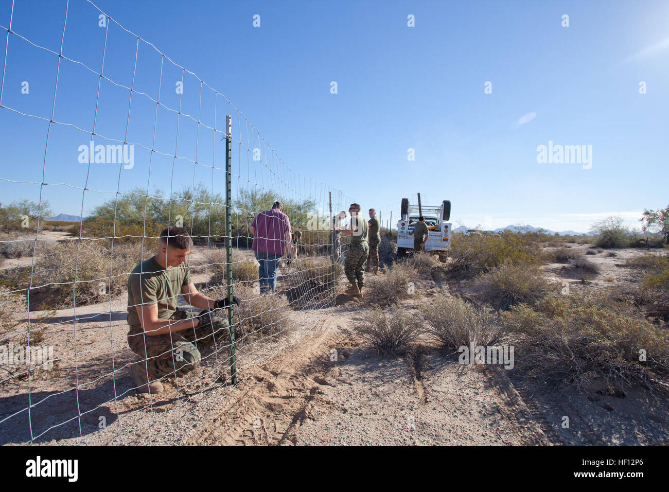 Marines with Marine Corps Air Station Yuma's Range Maintenance section aid wildlife biologists from the Arizona Department of Game and Fish and the U.S. Fish and Wildlife Service in building a temporary holding pen on the Barry M. Goldwater Range, Nov. 19. The pen will hold six to eight of the endangered Sonoran Pronghorn after they are relocated to the area in December. The animals will remain in the pen long enough to recover from the sedatives they'll be given before being flown to the location, which will keep them safe from the predators in the area. Marines assist in saving endangered sp Stock Photo