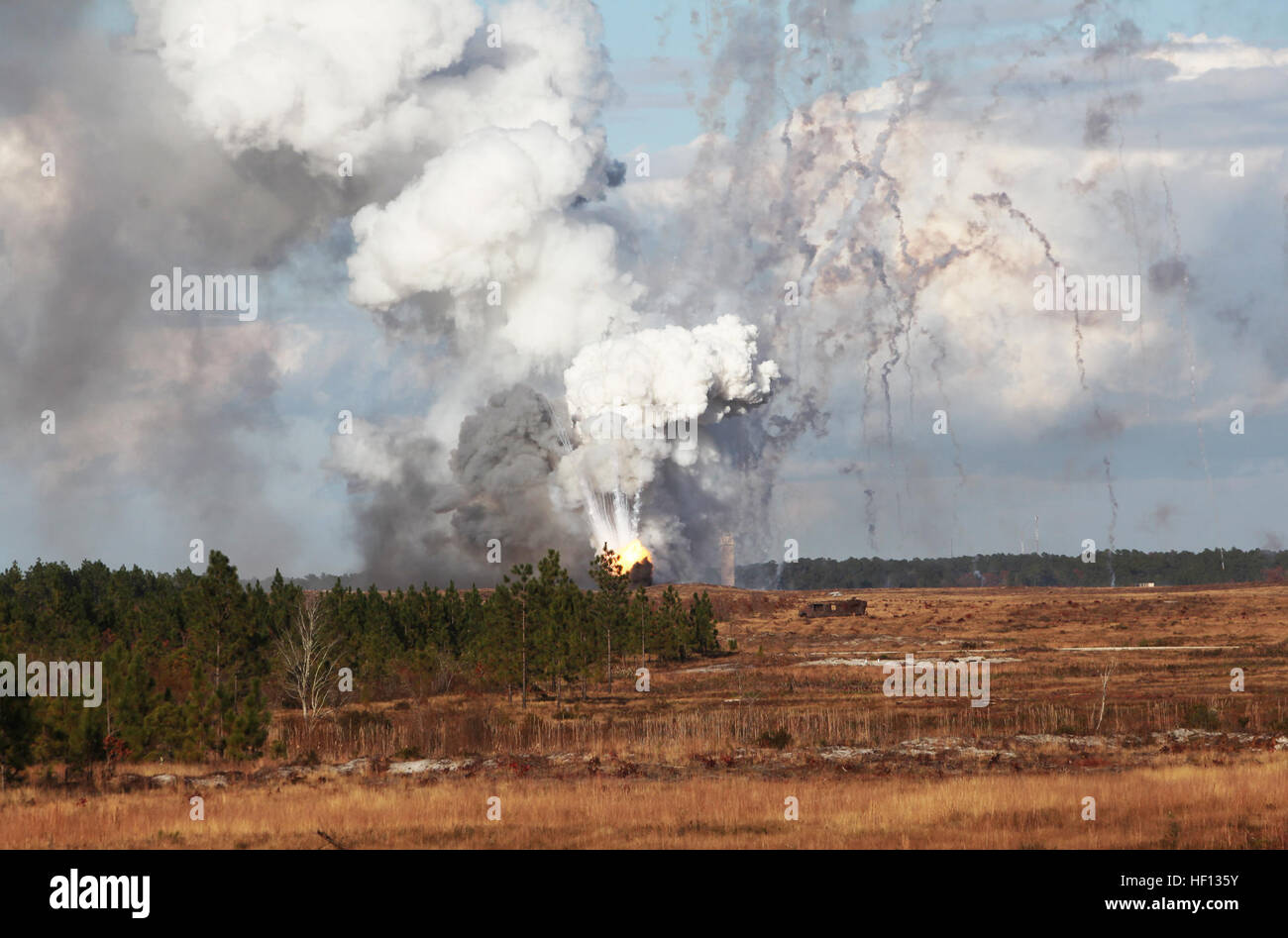 A mushroom cloud bursts into the air after the detonation of obsolete munitions by the Marines of Ammunition Company, 2nd Supply Battalion, 2nd Marine Logistics Group at a demolition range aboard Camp Lejeune, N.C., Dec. 4, 2012. The company detonated 17 separate caches of ordnance and destroyed damaged small-arms munitions in a burn pit filled with tinder and 35 gallons of diesel gasoline. Ammunition Marines clean house during demolition training 121204-M-DS159-229 Stock Photo