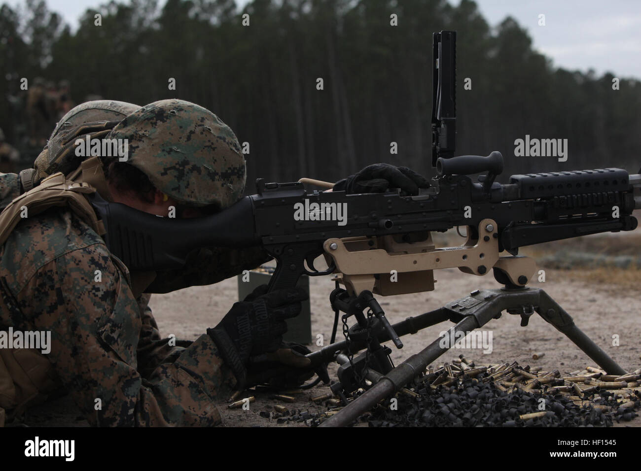 Marines with Bridge Company, 8th Engineer Support Battalion, 2nd Marine Logistics Group reload an M-240 machine gun during a training exercise at a machine gun range aboard Camp Lejeune, N.C., Jan. 30, 2013. Marines practiced correct operations of the weapons, to include loading, firing and taking actions to fix malfunctions. Marines train to build, defend bridges 130130-M-DS159-091 Stock Photo