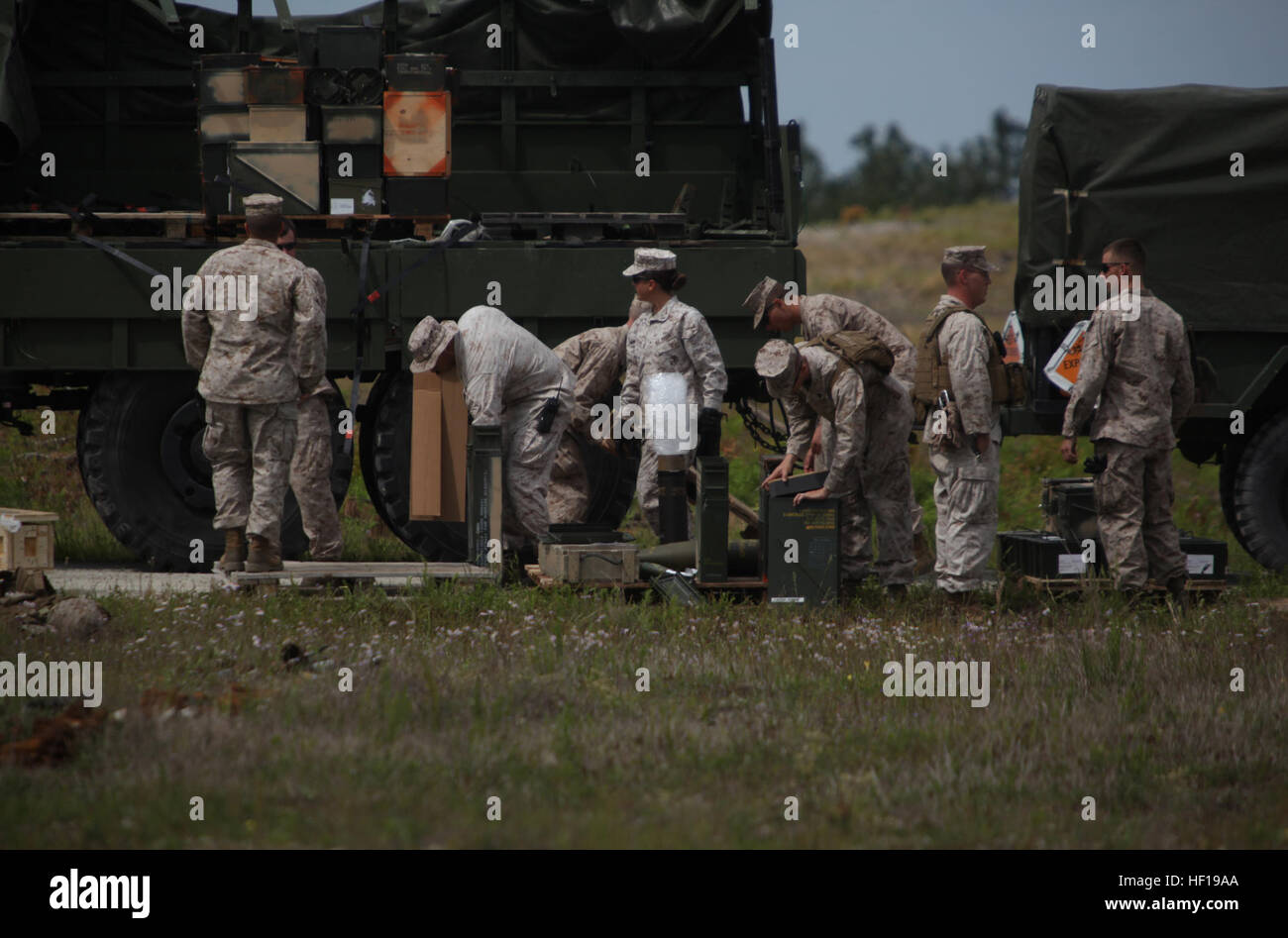 Marines with Ammunition Company, 2nd Supply Battalion, 2nd Marine Logistics Group organize pallets of ammunition during an explosive ordnance disposal, or EOD, training exercise aboard Camp Lejeune, N.C., May 7, 2013. The companyâEUR(TM)s Marines detonated the munitions to train for situations in which EOD Marines might be unavailable. Having a blast, ammunition Marines train with explosives 130507-M-DS159-051 Stock Photo