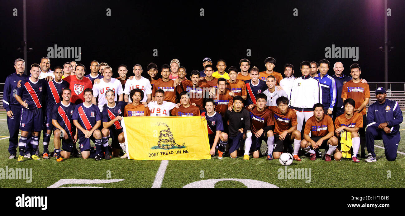 Both Team USA Armed Forces and Bethesda University join together for a  group picture after their friendly game at the 11-area field on June 24.  Team USA has played 10 friendly games