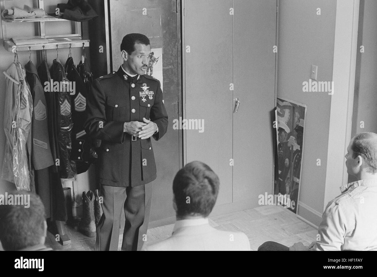 Major Charles F. Bolden Jr., astronaut, speaks to members of the Indianapolis Delayed Enlistment Pool about the Marine Corps.  Bolden is visiting the recruiting station. Charles F. Bolden Jr., Astronaut, USMC, public speaking DM-SN-85-10497 Stock Photo