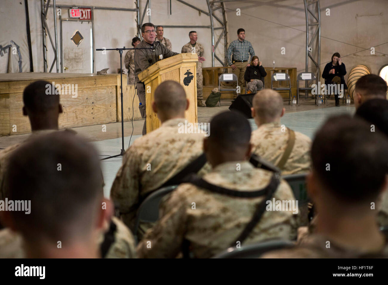 U.S. Deputy Secretary of Defense Ashton Carter, speaks to service members with Regional Command (Southwest) at Camp Leatherneck, Helmand province, Afghanistan, Nov. 29, 2013. Carter came to speak to military leaders and coaltion forces with RC(SW). (Official Marine Corps Photo by Cpl. Nicholas T. Nohalty/Released) U.S. Deputy Secretary of Defense Ash Carter, at lectern, speaks to Service members with Regional Command Southwest at Camp Leatherneck, Helmand province, Afghanistan, Nov. 29, 2013 131129-M-FN127-015 Stock Photo