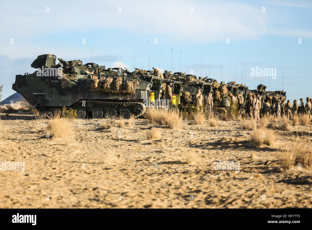 U.S. Marines with Alpha Company, 1st Battalion, 5th Marines, load six Amphibious Assault Vehicles (AAV-7A1) before departing to conduct live fire operations during Exercise STEEL KNIGHT 2014 aboard Marine Corps Air Ground Combat Center Twentynine Palms, Calif., Dec. 12, 2013. Steel Knight enables 1st Marine Division to test and refine its command and control capabilities by acting as the headquarters element for a forward-deployed Marine Expeditionary force. (U.S. Marine Corps photo by Cpl. Justin A. Bopp, 1st Marine Division Combat Camera / Released) STEEL KNIGHT 2014 131212-M-ET040-092 Stock Photo