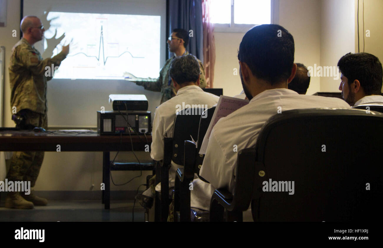 Medical staff of the Kandahar Regional Military Hospital attend a class on electrocardiography taught by two members of the North Atlantic Treaty Organization Role 3 Multinational Medical Unit at Camp Hero, Afghanistan, Feb. 11, 2014.  The first portion of the class was taught by Cmdr. Sean Bryant, as a part of an ongoing educational partnership between KRMH and the MMU. (U.S. Army photo by Cpl. Mariah Best) EKG training brings confidence to KRMH staff 140211-Z-TF878-435 Stock Photo