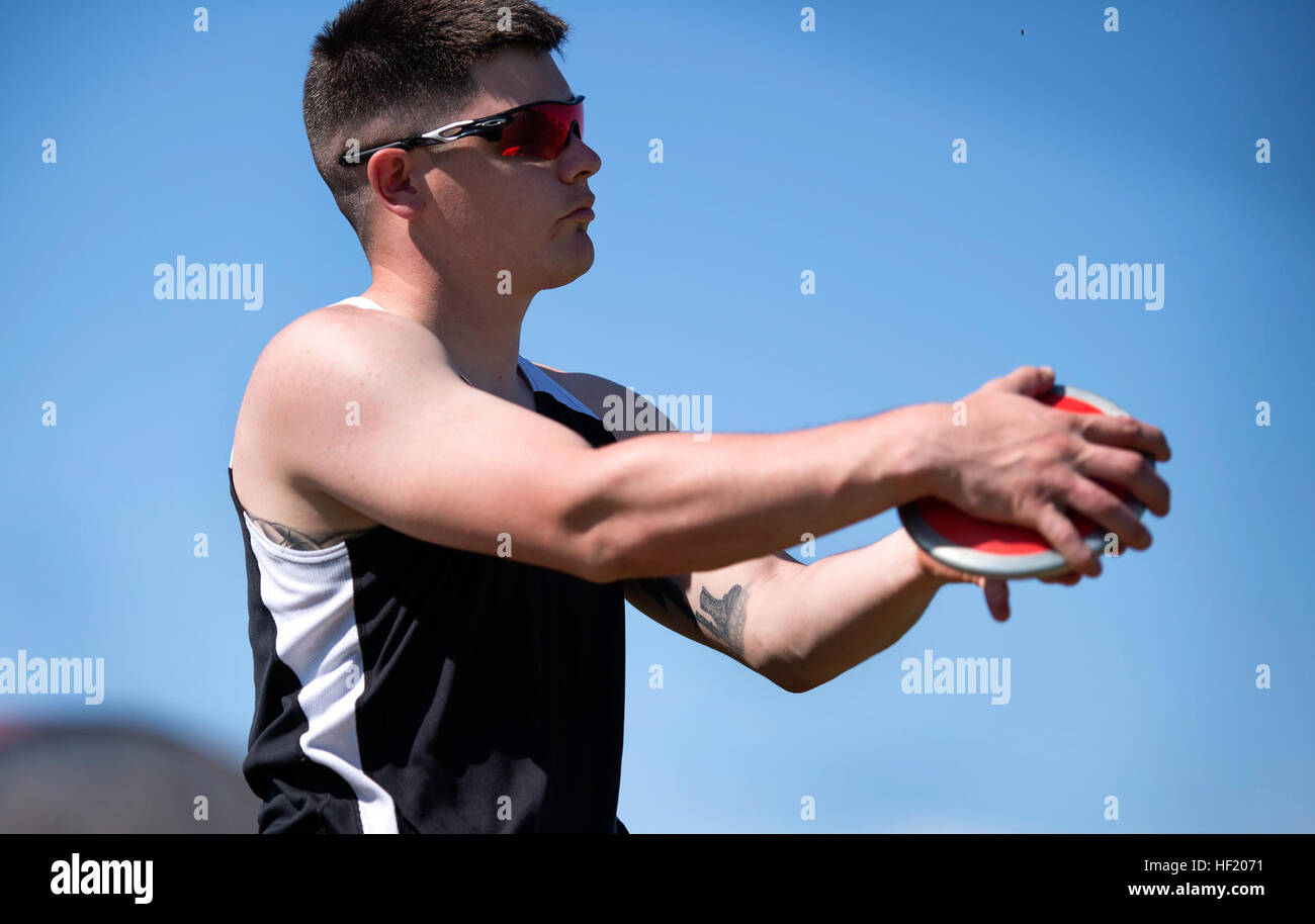 Cpl. Ivan Sears, from San Antonio, Texas, prepares to throw a discus