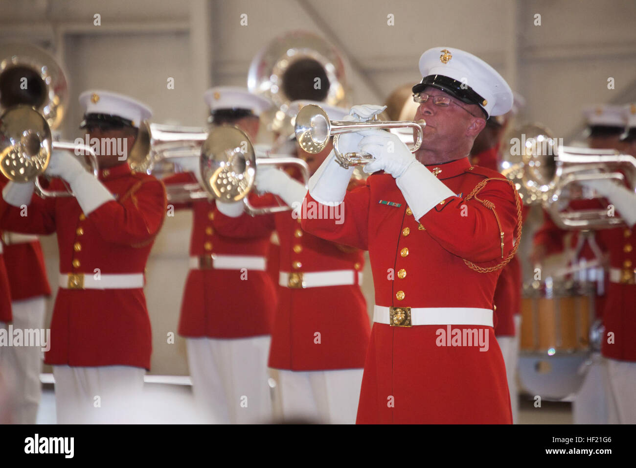 MSgt. Michael Fulwood of the Marine Drum and Bugle Corps steps out of formation for a solo