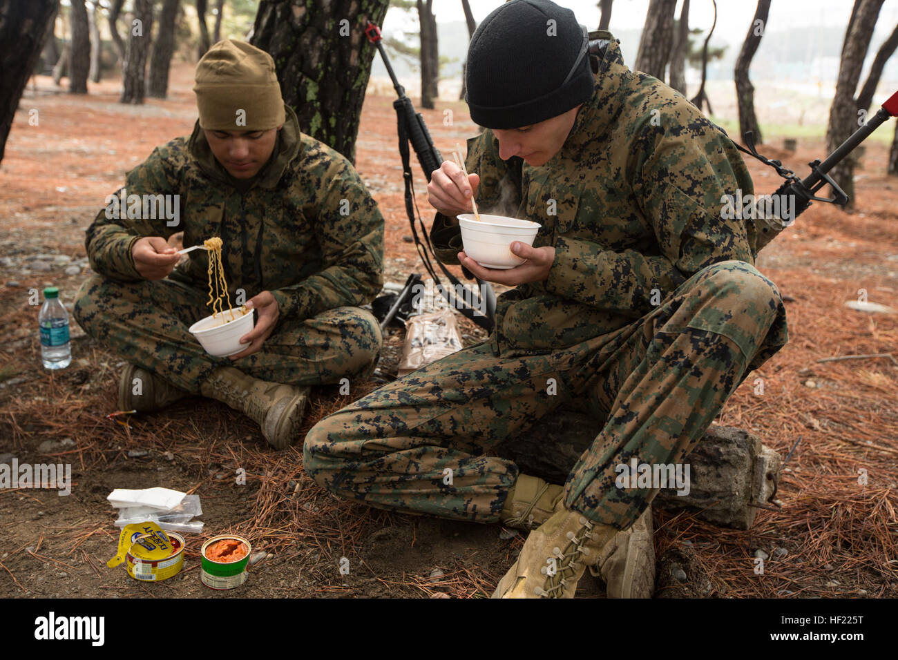 U.S. Marine Corps Lance Cpl. Christian Moreno (left), Pfc. Aaron Morris (right), both with military police, 3D Law Enforcement Battalion, 3D Marine Expeditionary Brigade, III Marine Expeditionary Force, eat food with Republic of Korea Marines during afternoon chow while participating in Ssang Yong 14 at Doksu-Ri, Pohang, South Korea, March 30, 2014. Exercise Ssang Yong 14 is conducted annually in the Republic of Korea (ROK) to enhance interoperability between U.S. and ROK forces by performing a full spectrum of amphibious operations while showcasing sea-based power projection in the Pacific. ( Stock Photo