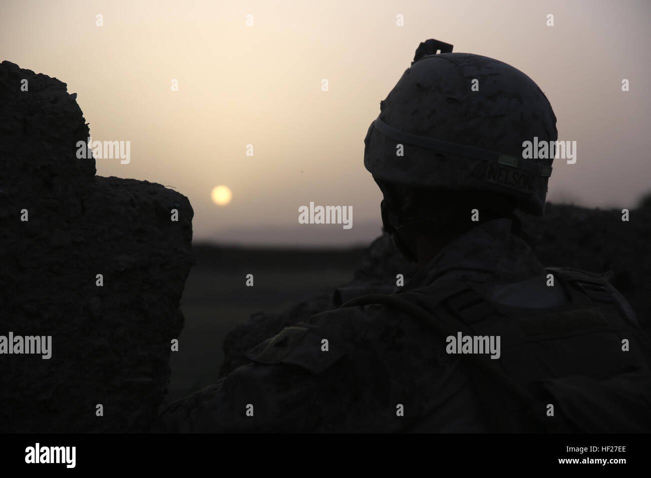 Lance Cpl. Gabriel Nelson, an assaultman with Bravo Company, 1st Battalion, 7th Marine Regiment, and a native of Thornton, Colorado, provides security from a patrol base during a mission in Helmand province, Afghanistan, June 6, 2014. The company conducted disruption operations in a known Taliban bed-down location for two days. During the previous mission May 29, the company discovered a drug production lab and removed more than one metric ton of narcotics from the battlefield. (U.S. Marine Corps photo by Cpl. Joseph Scanlan / released) Marines confiscate more than one metric ton of narcotics Stock Photo