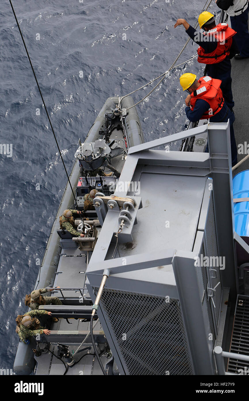 Boatswain's Mates, top right, with the USS San Diego direct a crane operator, not shown, in lowering a rigid inflatable boat (RIB) into the water with hand and arm signals as part of crane operations during Certification Exercise (CERTEX) off the coast of Southern California, June 13, 2014. CERTEX is the final evaluation of the 11th Marine Expeditionary Unit and Makin Island Amphibious Ready Group prior to deployment. The evaluation requires the Marines and sailors to plan and conduct integrated missions simulated to reflect real-world operations. (U.S. Marine Corps photo by Gunnery Sgt. Rome  Stock Photo