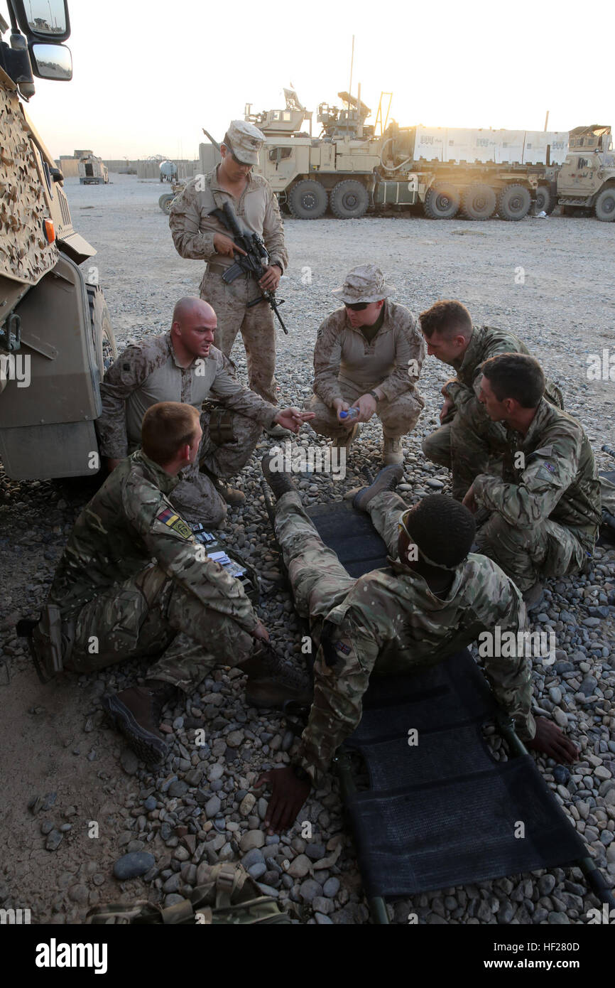 Navy corpsmen with 1st Battalion, 7th Marine Regiment, review medevac procedures with British soldiers during a mission in Helmand province, Afghanistan, June 13, 2014. The corpsmen, along with a platoon of infantrymen, provided security at Patrol Base Ouellette, an Afghan National Army controlled-base, during the Afghanistan presidential runoff elections. While International Security Assistance Force stood ready to support as needed, the elections were entirely Afghan led and Afghan conducted. Infantrymen stand by ready to assist during Afghan election runoff 140623-M-OM885-165 Stock Photo