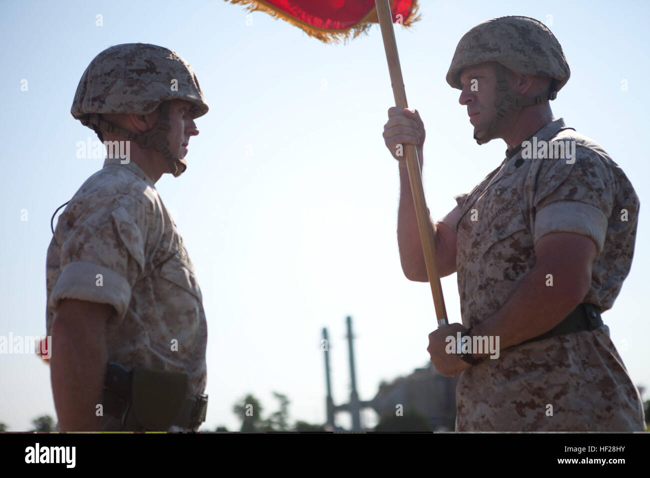 U.S. Marine Corps Sgt. Maj. Thomas M. Burkhardt, right, battalion