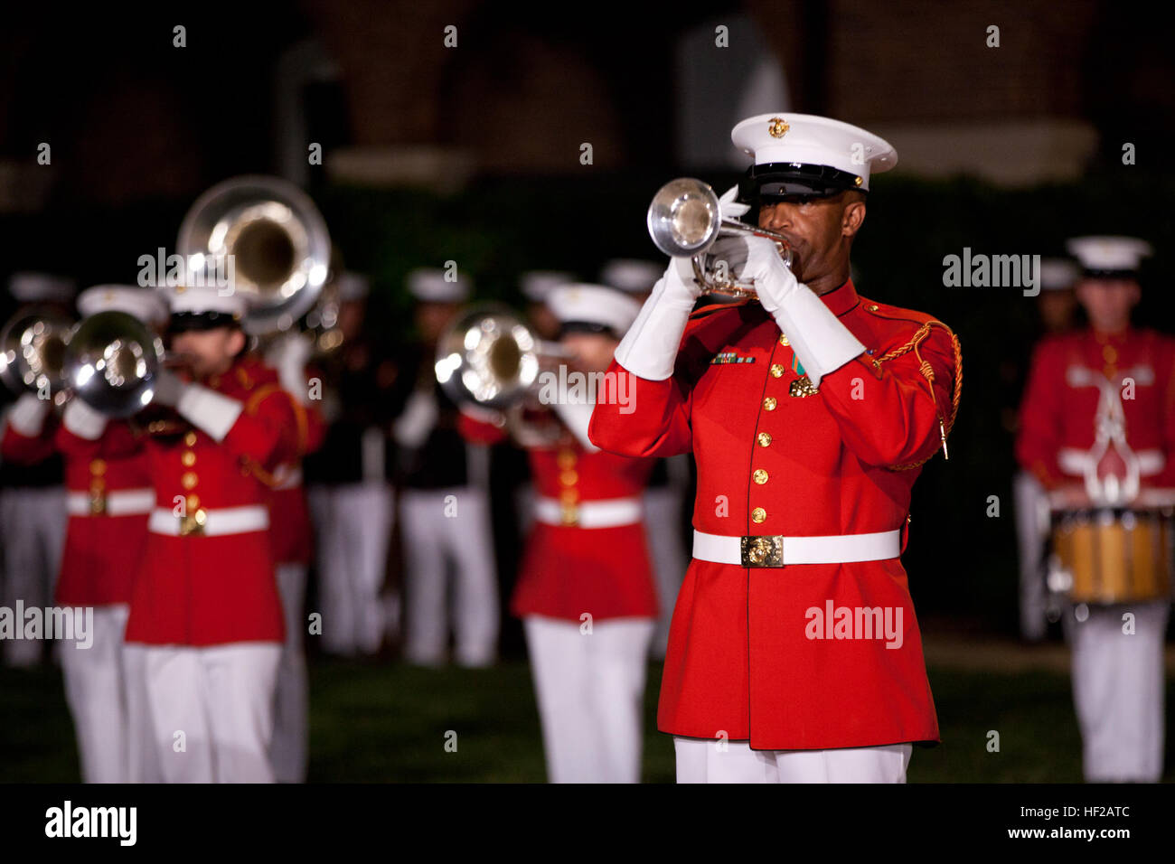 Members of the U.S. Marine Drum and Bugle Corps perform during an