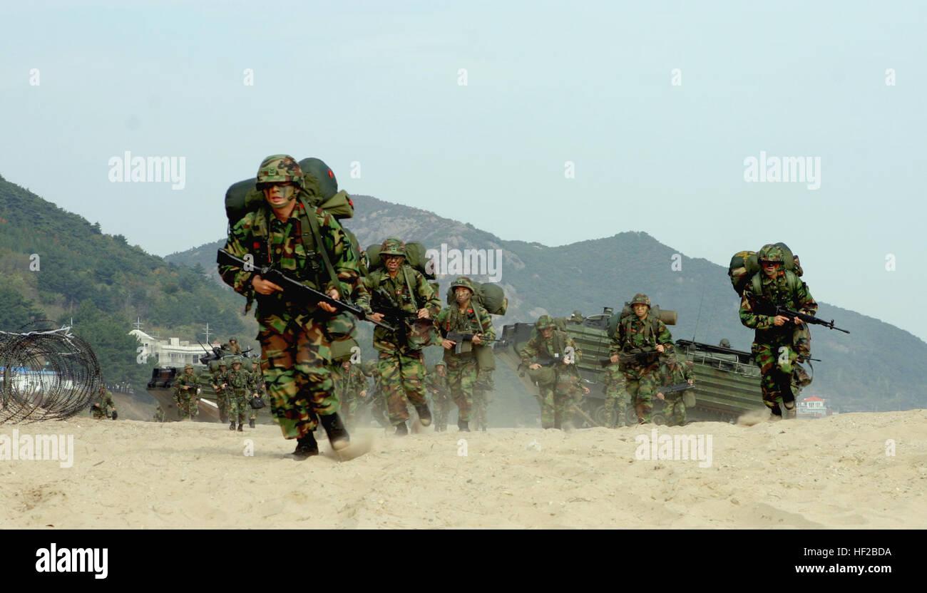 Republic of Korea Marines conduct an amphibious landing at Hwajinri ...