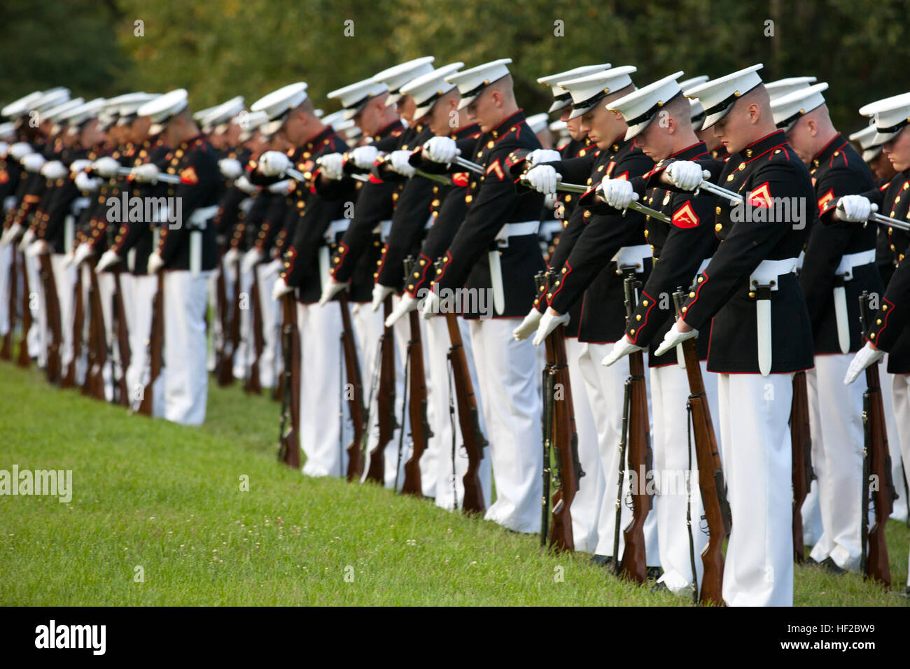 U.S. Marines participate in a Sunset Parade at the Marine Corps War