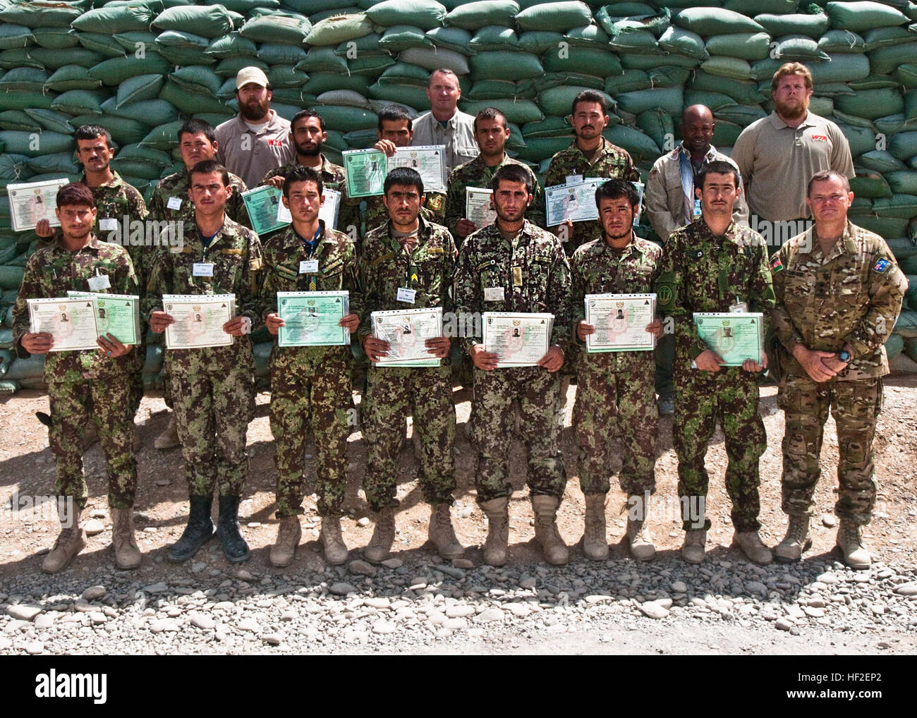 Afghan soldiers serving in the 205th Corps, Afghan National Army, hold