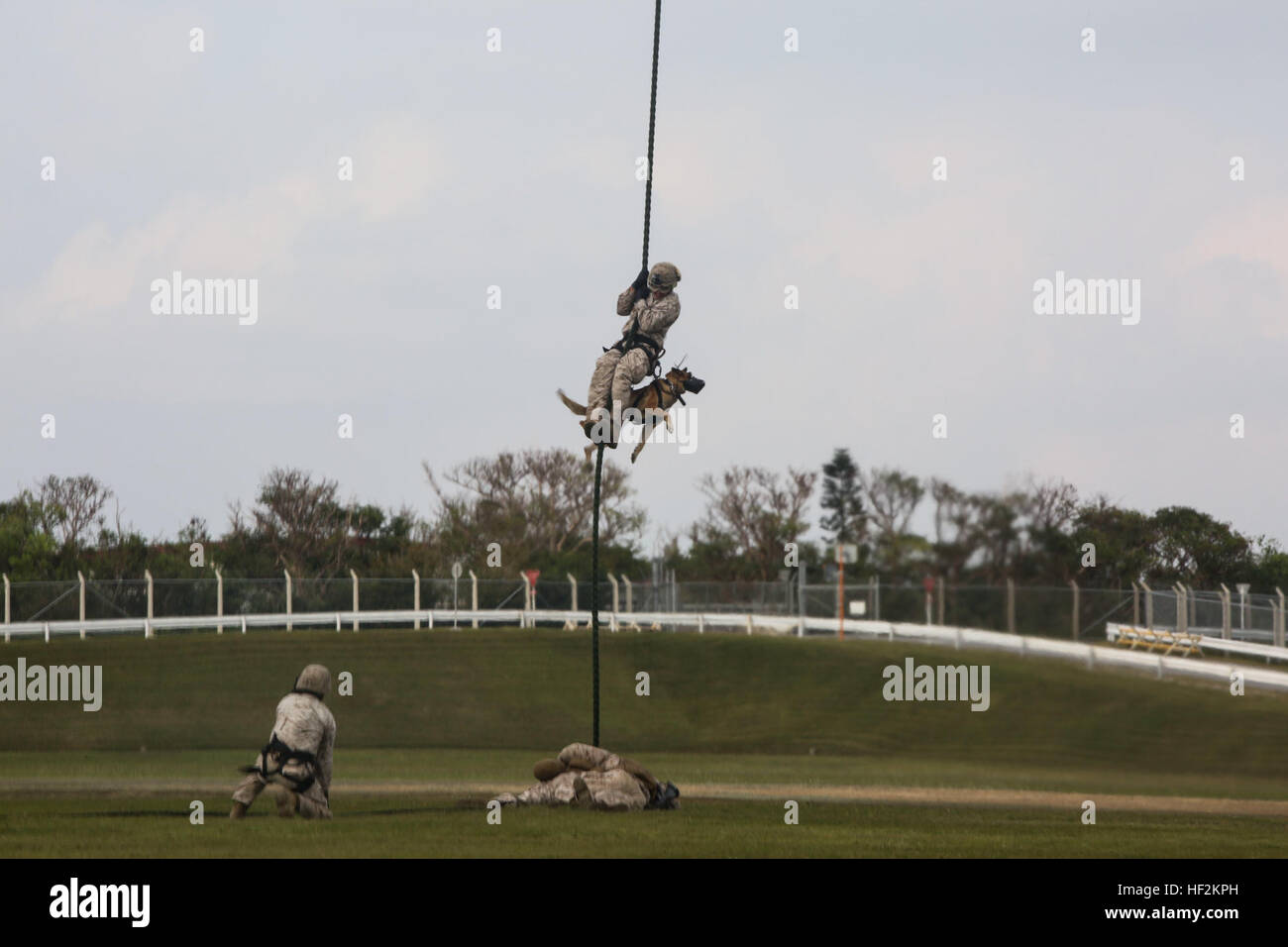 A Marine fast-ropes from an MV-22B Osprey aircraft with a military ...