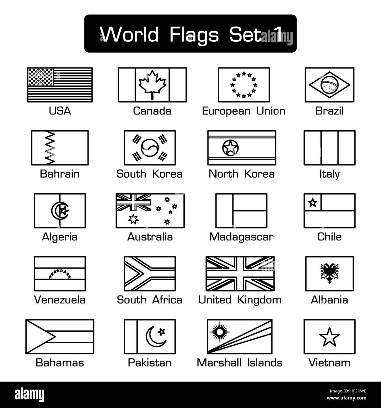 World flags set 1 . simple style and flat design . thick outline . black and white . Stock Photo